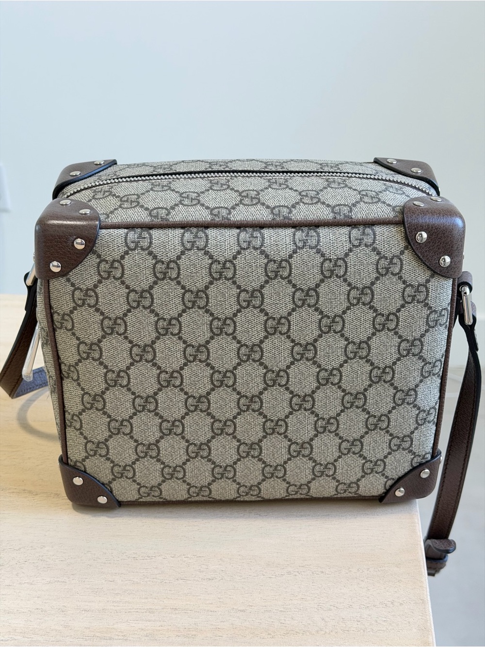 Gucci GG Trunk Shoulder Bag Coated Canvas with Studded Leather